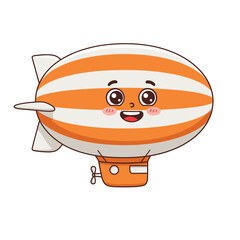 Cute cartoon blimp with orange and white stripes and a smiling face flying