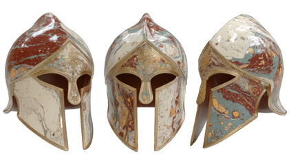 Three ancient-style helmets, marbled in beige, red, and gold, displayed in profile