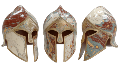 Three ancient-style helmets, marbled in beige, red, and gold, displayed in profile