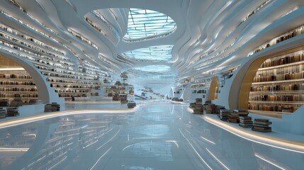 Sky-high futuristic library with levitating books and holographic learning pods, wealthy elite browsing knowledge in luxury environment.