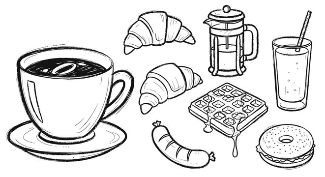 A black and white line art illustration of various breakfast items including coffee, croissants, a waffle, sausage, and a bagel.