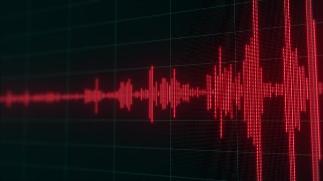 Digital Voice Recording Waveform: Surveillance, Wiretapping, and Eavesdropping Audio Analysis. Red Sound Waves on Dark Grid for Audio Monitoring, Spying, Security, and Intelligence Operations