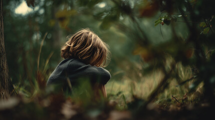 Child sitting alone on grass viewed through leaves.