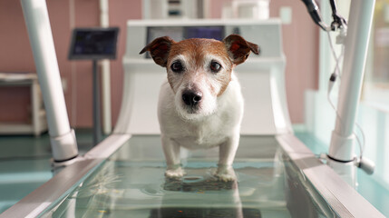 Dog rehabilitation gym with puppy swimming, treadmill training, and wellness exercises for canine health and mobility.