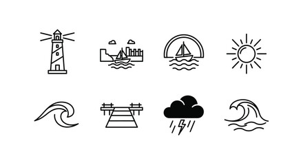 Line art icons depicting various nautical and weather elements, including lighthouses, ships, waves, and clouds.