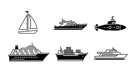 A set of six black and white icons depicting various types of sea transport vessels, including a sailboat, yacht, and submarine.