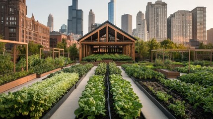 Naklejka premium City rooftop garden displaying urban farming plants. Modern architecture with fresh vegetables growing in containers above the city. Cultivation in an urban setting.