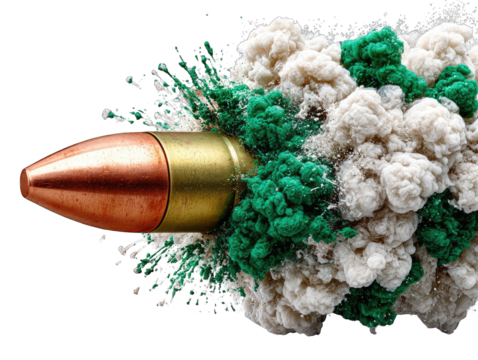 Bullet exploding in a cloud of white and green