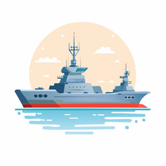 Obraz premium Stylized Illustration of a Modern Warship Sailing on the Ocean with Subtle Clouds