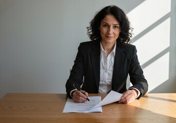 A business woman at work, writing on a document.