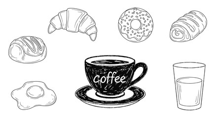 A hand-drawn sketch illustration of a classic breakfast set including coffee, pastries, a fried egg, and a glass of milk.