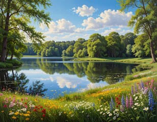 Picturesque Lakeside View with Vibrant Wildflowers and Tranquil Water