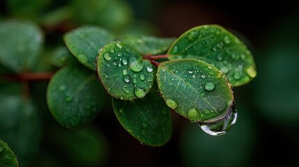 Dark green leaf with water drops.