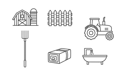 Farm icons: barn, fence, tractor, pitchfork, hay bale, bathtub.
