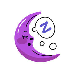 Funny moon sleeps. Asleep crescent with Zzz in speech bubble. Happy character naps, dreams, relaxes, has a rest at night. Cute bedtime icon. Flat isolated vector illustration on white background