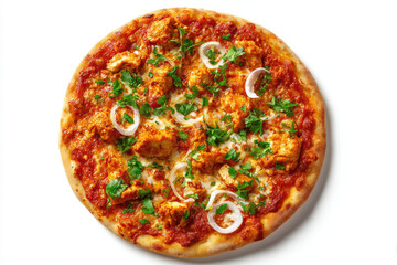 A round pizza topped with chicken, onions, and herbs