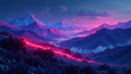Abstract Neon Mountains Landscape