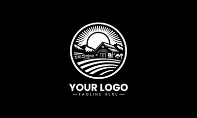 Beautiful black and white landscape of a farm with a barn inside a circle, a classic illustration