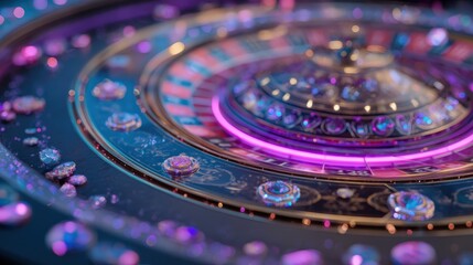VIP futuristic casino with holographic roulette and levitating poker chips, high society in neon glow, ultimate luxury entertainment lifestyle.