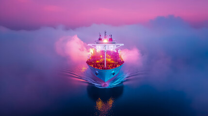 Twilight journey of large cargo ship, brightly illuminated and leaving shimmering wake, navigating through surreal, vibrant pink and purple fog on tranquil waters