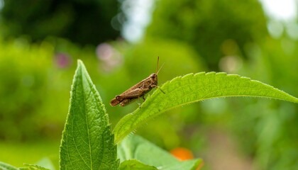 Close-up of grasshopper on vibrant green leaf