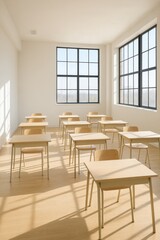 Sunlit classroom with desks: A spacious classroom is bathed in natural light, with rows of neatly arranged desks, creating an inviting learning environment.