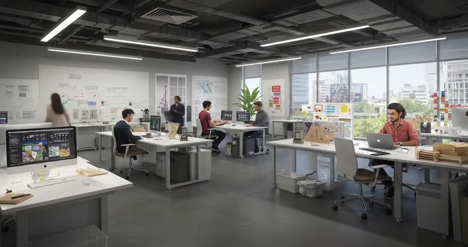 Modern office workspace with collaborative team activities