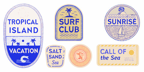 Collection of vintage style travel and surf club badges with tropical island and ocean themes © Partha