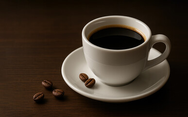 Fototapeta premium white ceramic coffee cup filled with black coffee placed neatly on a saucer on smooth dark wooden surface.