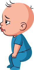 Cartoon Baby with Pouty Lips and Blue Outfit in a Squatting Position