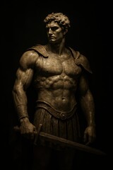 Obraz premium Ancient Warrior's Gaze: A stoic statue of a classical warrior stands resolute, its chiseled physique and gleaming sword a testament to strength and resilience, bathed in dramatic light.
