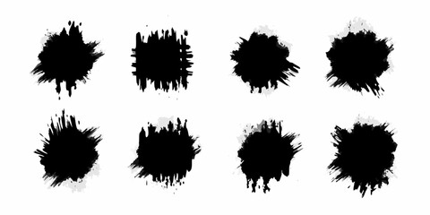 Collection of eight black abstract ink splatters and paint brush strokes on a white background