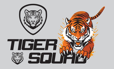 Striking Tiger Squad Graphic Roaring Feline with Intense Gaze and Bold Typography