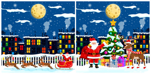 Obraz premium Santa claus flying with reindeer and sleigh over city rooftops at night, then waving next to christmas tree and reindeer. Merry Christmas, New Year eve greeting card.