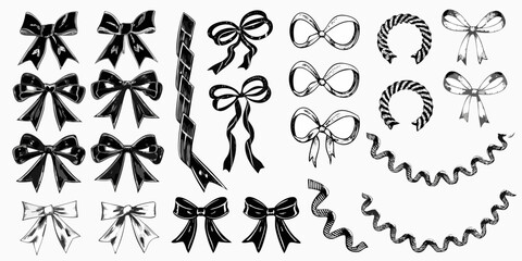 Collection of hand drawn black and white bows ribbons and decorative elements