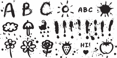 Hand drawn black ink doodles of letters numbers and whimsical illustrations on white background