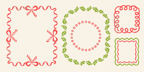 Collection of festive christmas borders and frames with red ribbons holly leaves and candy cane stripes