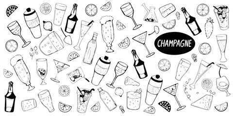 Hand drawn black and white illustration of various champagne bottles cocktails glasses and citrus slices scattered across a white background