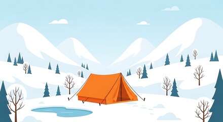 Orange tent pitched in a snowy landscape with pine trees and mountains
