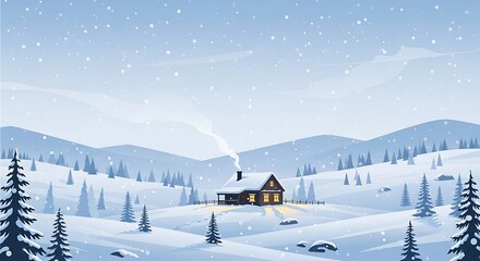 Fototapeta premium Cozy cabin nestled in a snowcovered valley with smoke rising from chimney