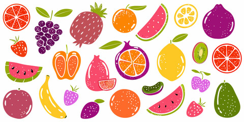 Vibrant assortment of hand drawn fruits and berries in a colorful pattern