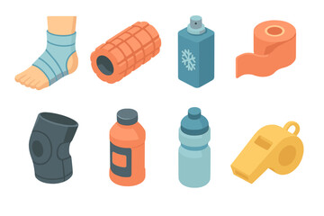 Sports equipment flat icon set. featuring ankle support, foam roller, freeze spray, tape, knee pad, bottle, and whistle