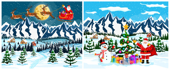 Santa Claus flying in a sleigh with reindeer over a snowy village and mountains, and Santa next to a snowman and Christmas tree for Winter holiday © absent84