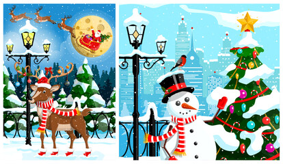 Two winter scenes with deer, snowman, city, and Santa Claus flying. Christmas and New Year greeting card or holiday invitation. Celebration event.