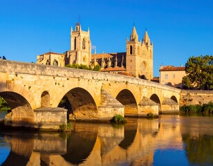 Fototapeta premium Stone bridge over a calm river, leading to a cathedral under a clear sky