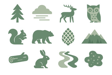 Fototapeta premium Nature and wildlife silhouette icon set. featuring tree, cloud, deer, owl, squirrel, bear, pinecone, mountain, log, rabbit, river, pond