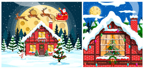 Santa flying in sleigh with reindeer over a house during snowfall at night, Christmas scene. Winter landscape for Christmas greeting card.