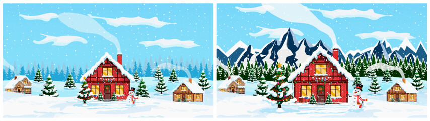 Winter landscape with cozy christmas decorated house and mountains. Winter village scene with snow, snowman, and pine forest for holiday card.