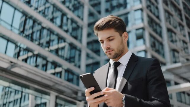 Young caucasian businessman in suit using mobile phone outdoor - Powered by Adobe