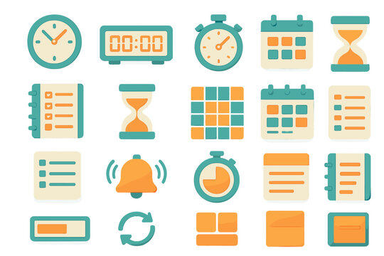 Time management flat icon set. featuring clock, calendar, alarm, hourglass, schedule, and stopwatch symbols